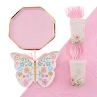 Набор одноразовой посуды в форме бабочки, набор из 41 тарелки розового цвета с цветочным узором, украшение для дня рождения