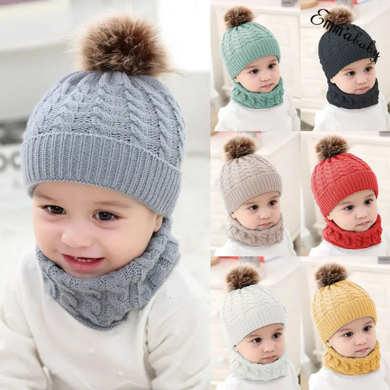 

Toddler Kids Warm Beanie Crochet Cap Scarf 2pcs Baby Sets Solid Color Winter New Baby Boy Knit Hats Girl Hat