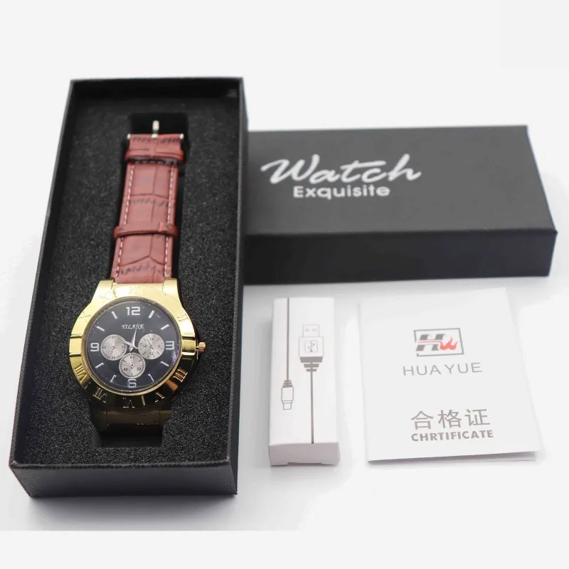 

Lighter Watches Men casual sports Quartz Watch Flameless Cigarette Lighter leather strap USB charging male clock F780