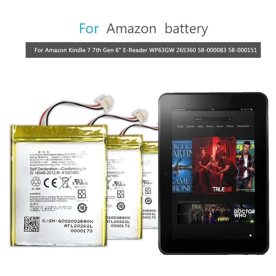 YKaiserin 890 мАч планшет аккумулятор 265360 для Amazon Kindle 7 7th Gen " e-ридер WP63GW 265360 58-000083 58-000151 батарея