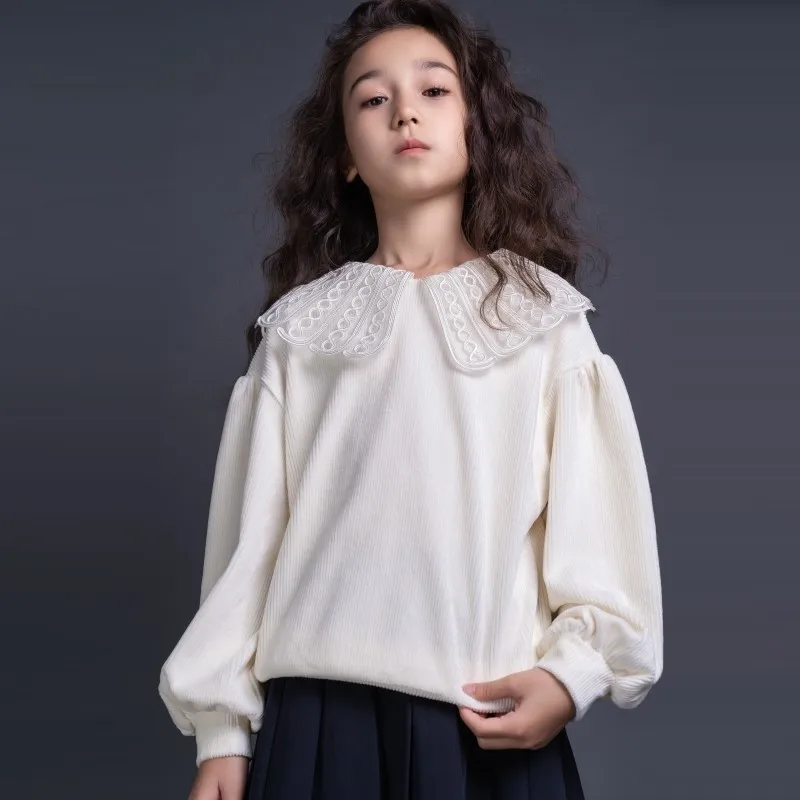 

Рубашки для девочек 3, 5, 7, 9, 10, 12, 14 лет, осенне-Весенняя модная блузка с круглым вырезом и пышными рукавами, вечерние Детские топы для подростк...