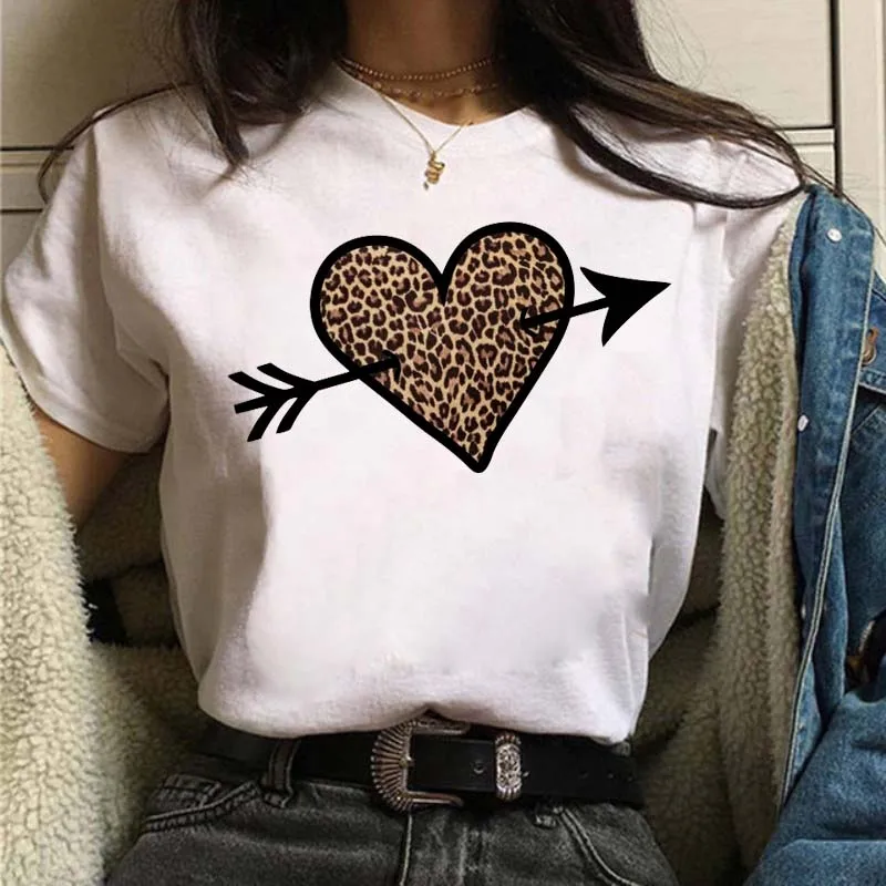 

Leopard Love Print Women T-shirt White Tee shirt femme Clothing Short Sleeve Summer Kawaii Tops Ladies Tshirt Camisetas Mujer