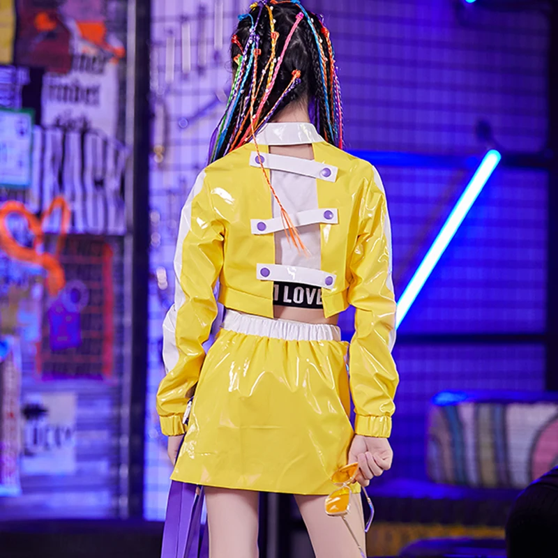

Girls Hip Hop Dance Costumes Yellow Shirt Short Skirt Cheerleading Clothes Kids Stage Outfit Street Performance Wear 120-170CM