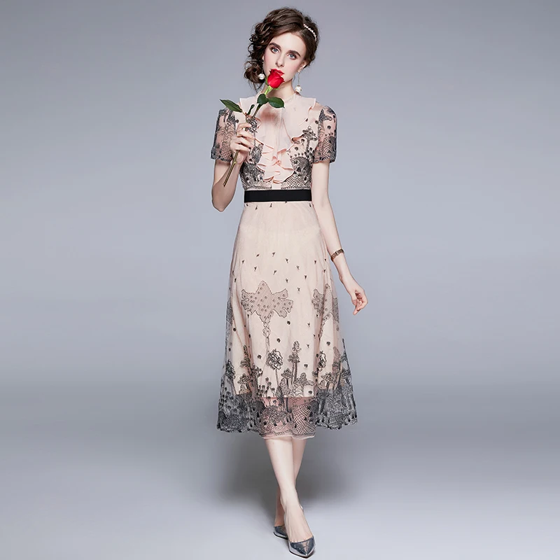 

Women Summer Designer Elegant Ruffles Embroidered Patchwork Sexy Wedding Cocktail Party Robe Female Vintage Midi Dress Vestidos