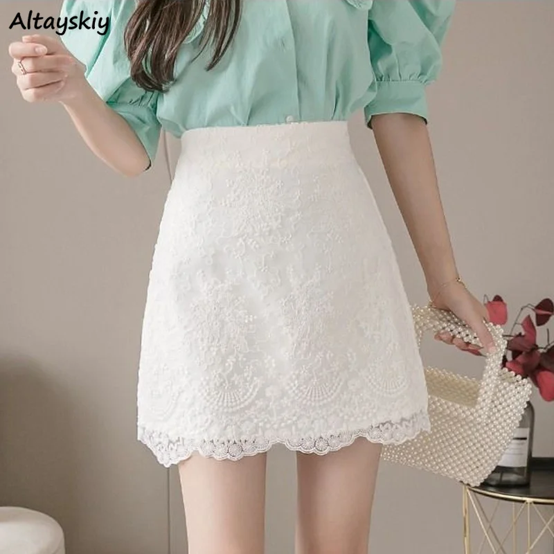 

Lace Skirt Womens Summer Elastic Waist Tender Korean Style Ladies Elegant Sweet Korean Style A-line Leisure Above Knee Female