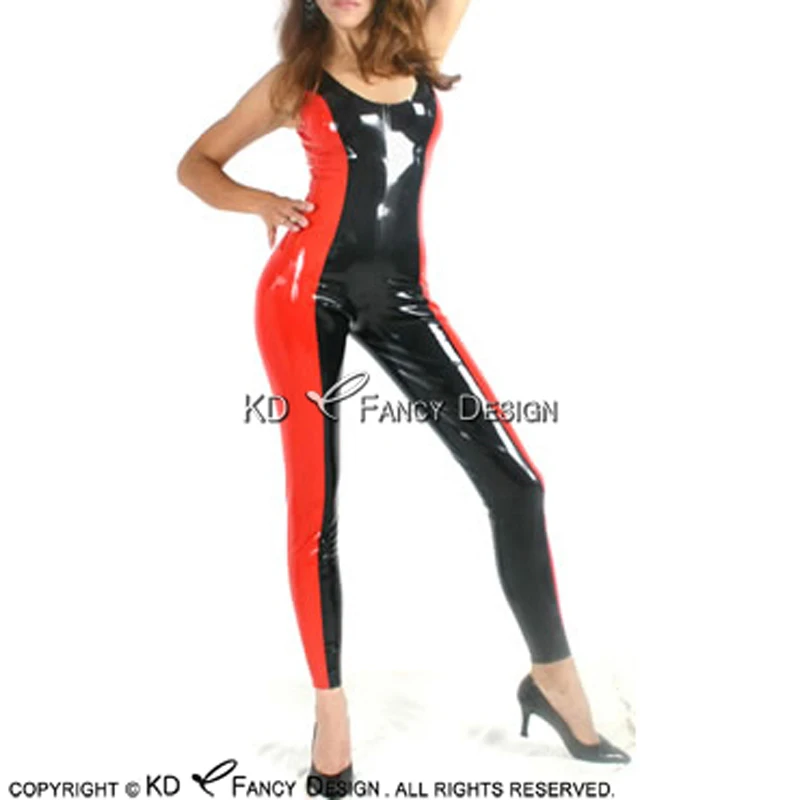 

Black And Red Sexy Latex Catsuit With Trims On Sides Round Collar Back Zipper Rubber Bodysuit Zentai Overall Body Suit LTY-0248