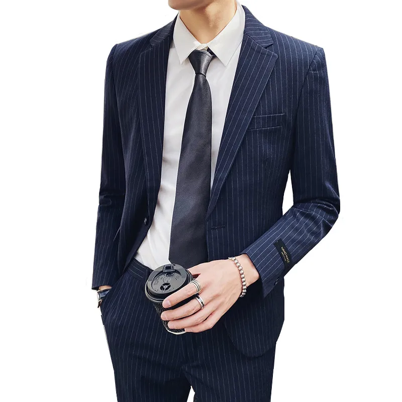 

2021 Spring Autumn Men's British Style Slim Fashion Suit Jacket Pants 2 Pieces Set / Stripe Groom Wedding Blazers Coat Trousers