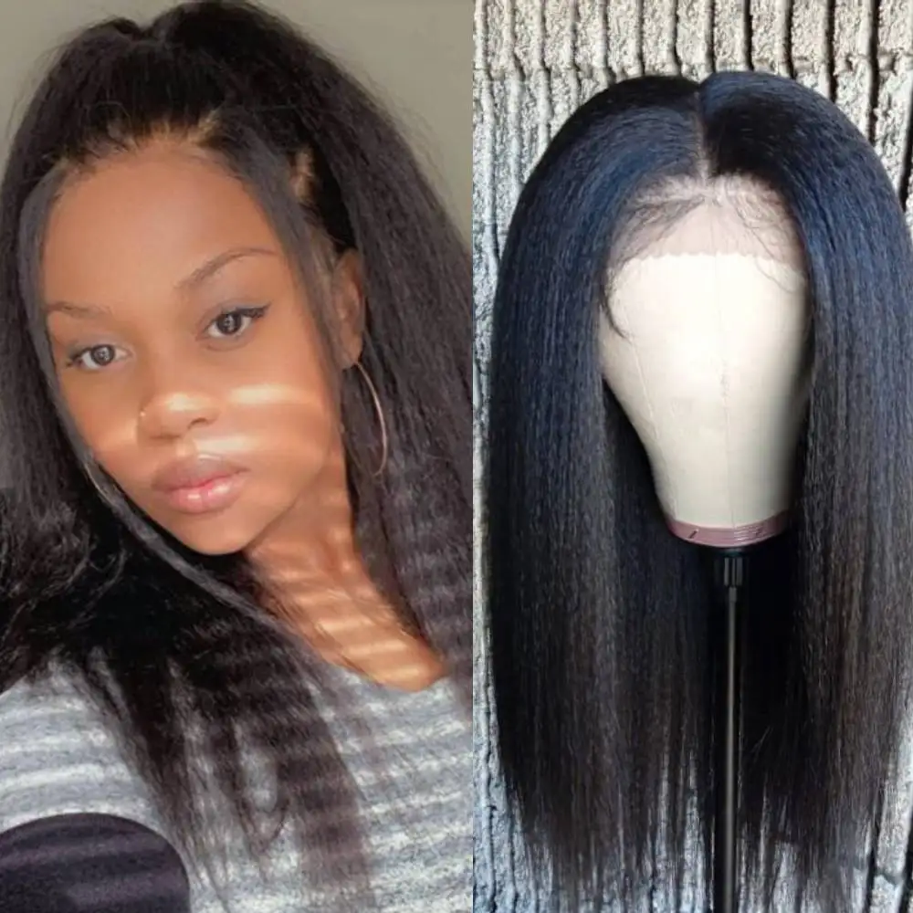

34 Inches Kinky Straight Lace Frontal Wig 250% 13x4 Lace Front Wig Malaysian Virgin Transparent Lace Human Hair Wig