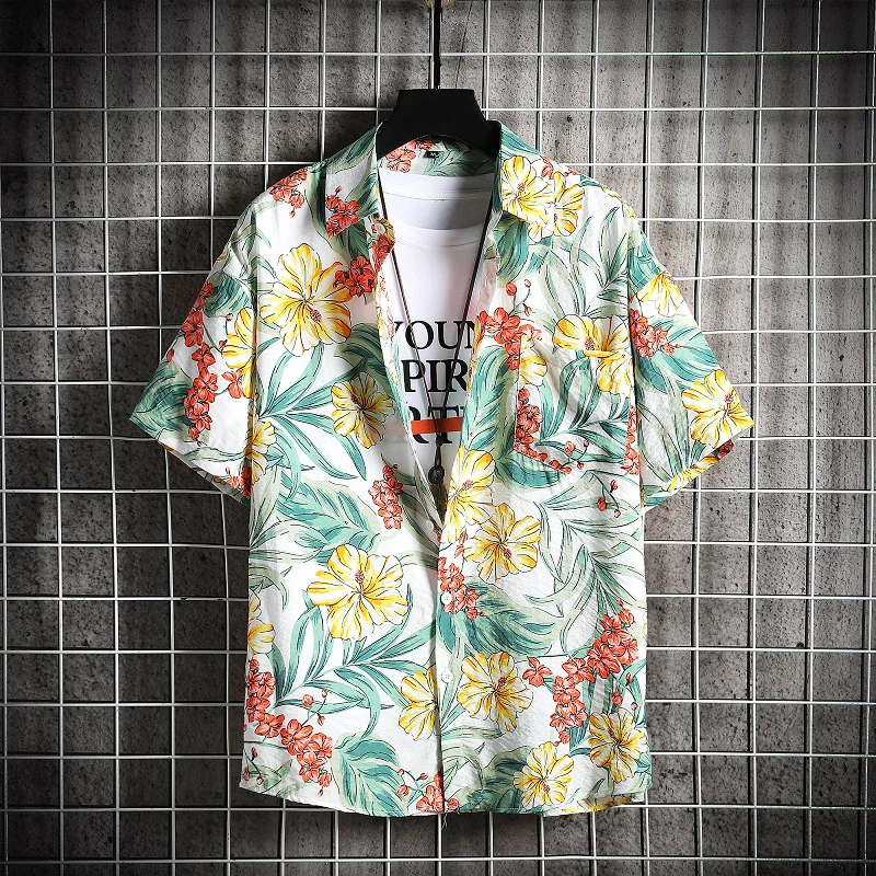 Fashion Dot Mens Hawaiian Beach Shirts 2021  Summer New Short Sleeve Floral Print Tropical Aloha Shirts Holiday Vacation