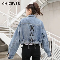 chicever casual denim jacket for women lapel long sleeve lace up bowknot korean short jackets female 2021 spring fashion clothes