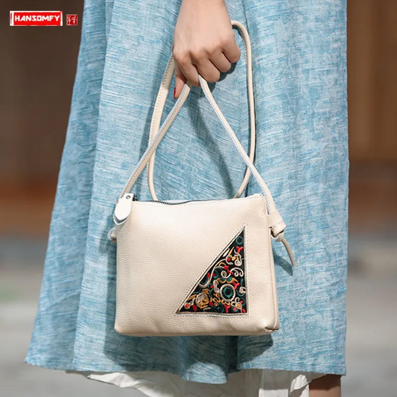 Женская Повседневная сумка из натуральной кожи маленькая через плечо с вышивкой