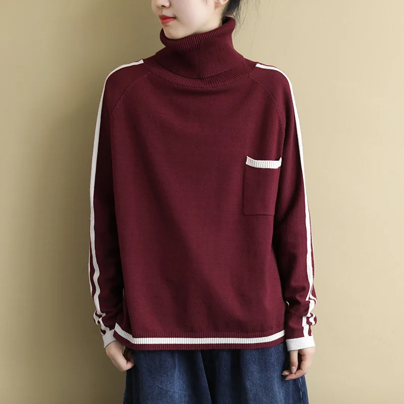 Женский вязаный свитер с высоким воротом Свободный пуловер карманами на каждый