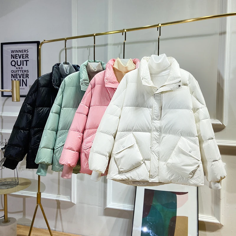 

Осенняя бейсбольная пуховая куртка, женская короткая куртка на белом утином пуху, верхняя одежда, свободное повседневное пальто, ультралег...