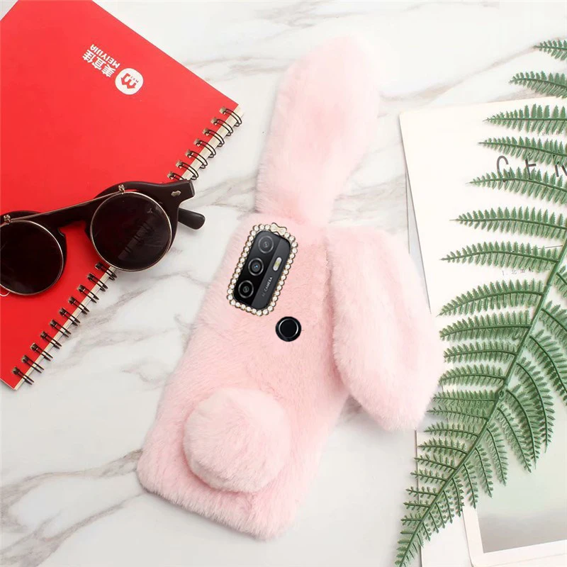 

Realme 6 Pro 7 7i X7 Fluffy Rabbit Silicone Plush cover Case For Oppo A53s A53 A33 A32 A52 A72 F17 Pro A5 Oppo Reno4 Phone case