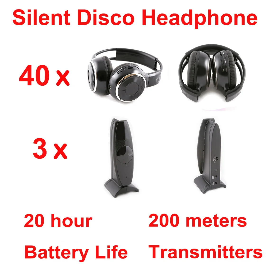 

Silent Disco complete system black folding wireless headphones - Quiet Clubbing Party Bundle (40 Headphones + 3 Transmitters)