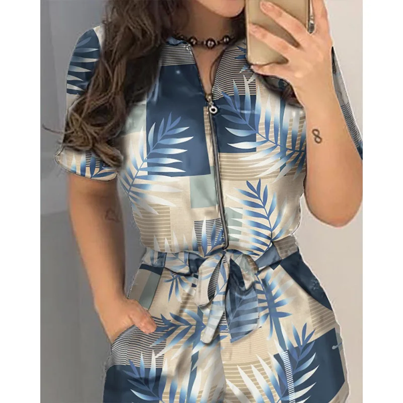 

Mandylandy Playsuits Summer Short Sleeve Zipper Turn-down Collar Pocket Straight Playsuits Womens Printed Lace Up Slim Playsuits