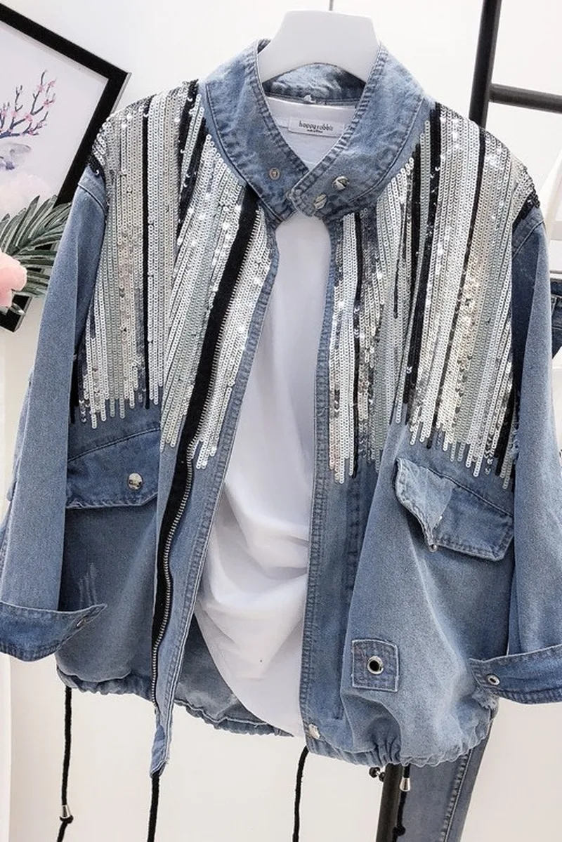 2021 блестящая джинсовая куртка Женская куртка-бомбер модные пальто с длинным