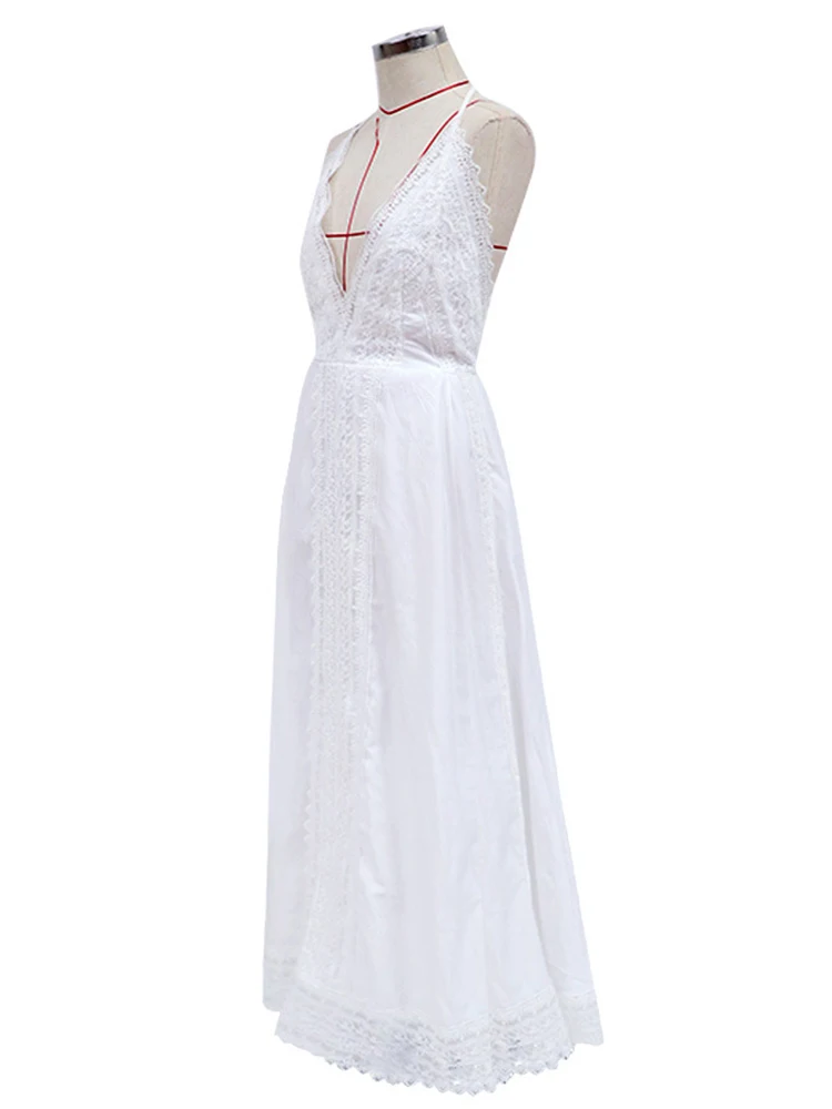 Honeymoon Deep V Neck Beach Dress White Coverup Backless Womens Tunic Long Dress Beach Bathing Suit Cover Ups Bride Swimsuits