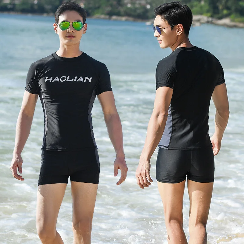 New Men's Swimwear Suit Short-sleeved Shirt Boxer Swim Trunks Loose XL Split Swimwear Quick-drying