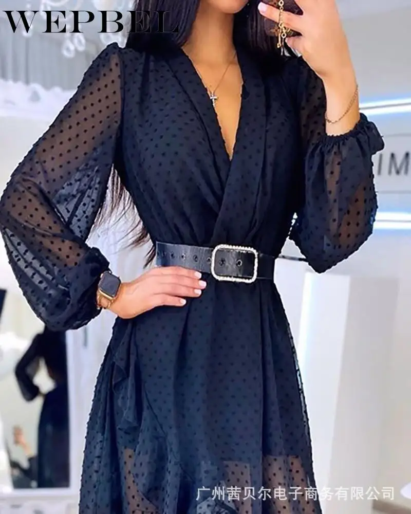 

WEPBEL Women Elegant Mesh Ruffle Long Dress Casual Ladies Long Lantern Sleeve Deep V Neck Hollow Out Dress