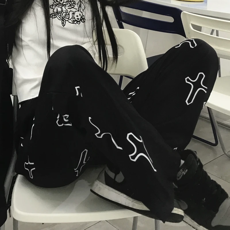 

Cross Print Wide Leg Straight Pants for Womens Gothic Fashion Clothing Japan Girls Punk Style Streetwear Japanese Baggy Trousers