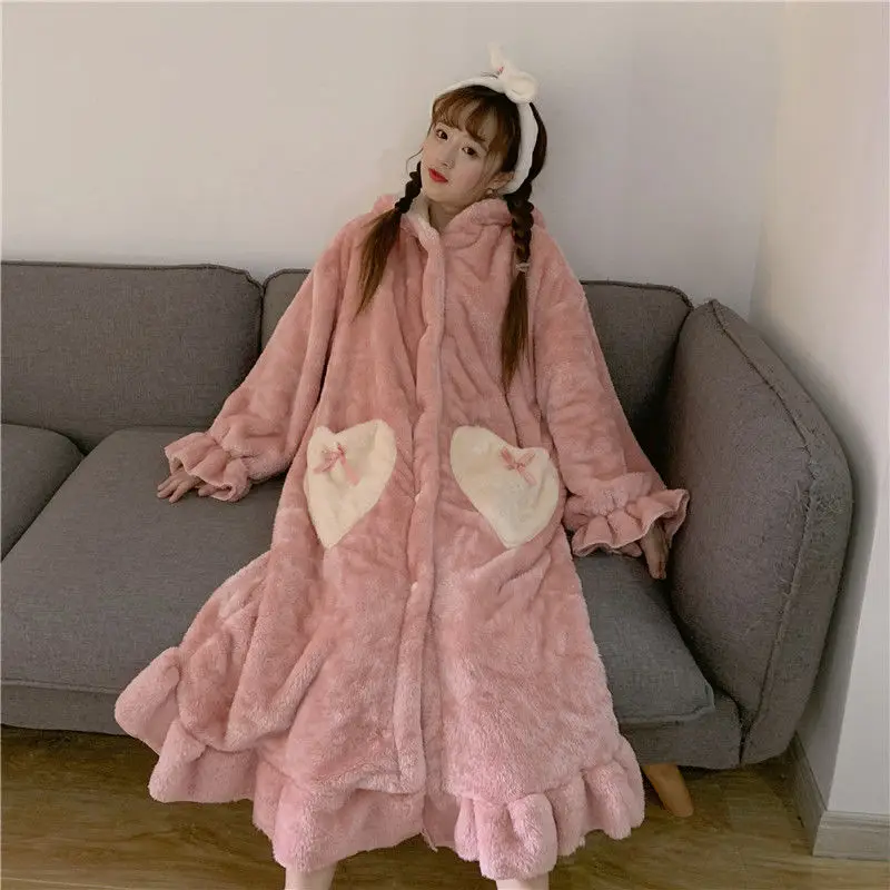 SOUGEN Women's Home Clothes Flannel Sleepwear Rabbit Ears Hooded Lounge Ruffle Hem Women Nightgown Pink Pajamas Winter Thick | Женская