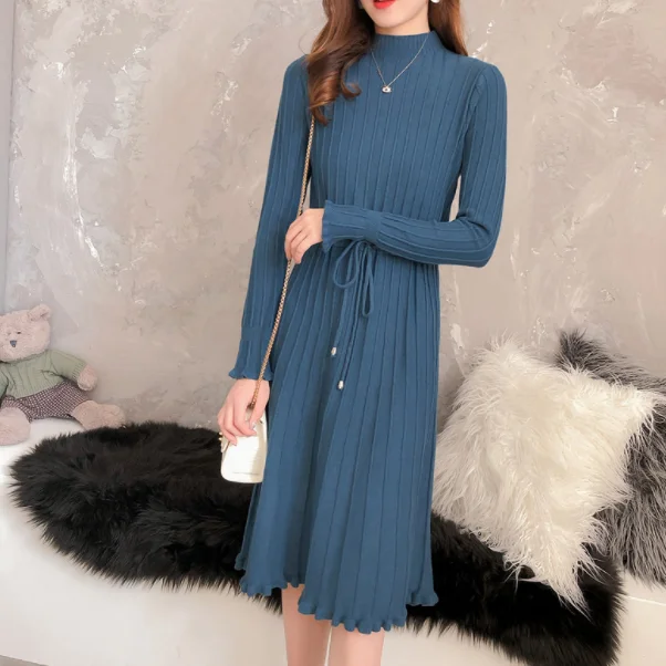 Длинное женское платье водолазка Элегантное трикотажное свитер трапециевидной