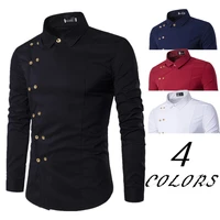 mens shirt palace style slim long sleeved slant placket fashion solid color stand up collar cardigan double breasted shirts