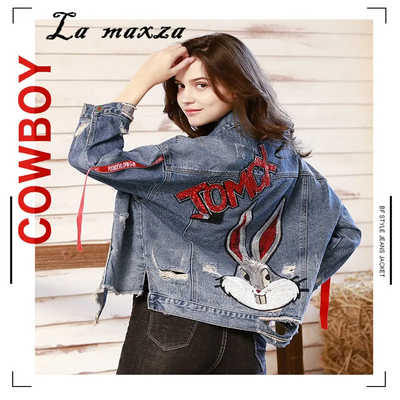 

Cartoon Sequins Denim Jacket Women 2020 Loose Plus Size Autumn Fashion Korean Casual Jacket Vintage