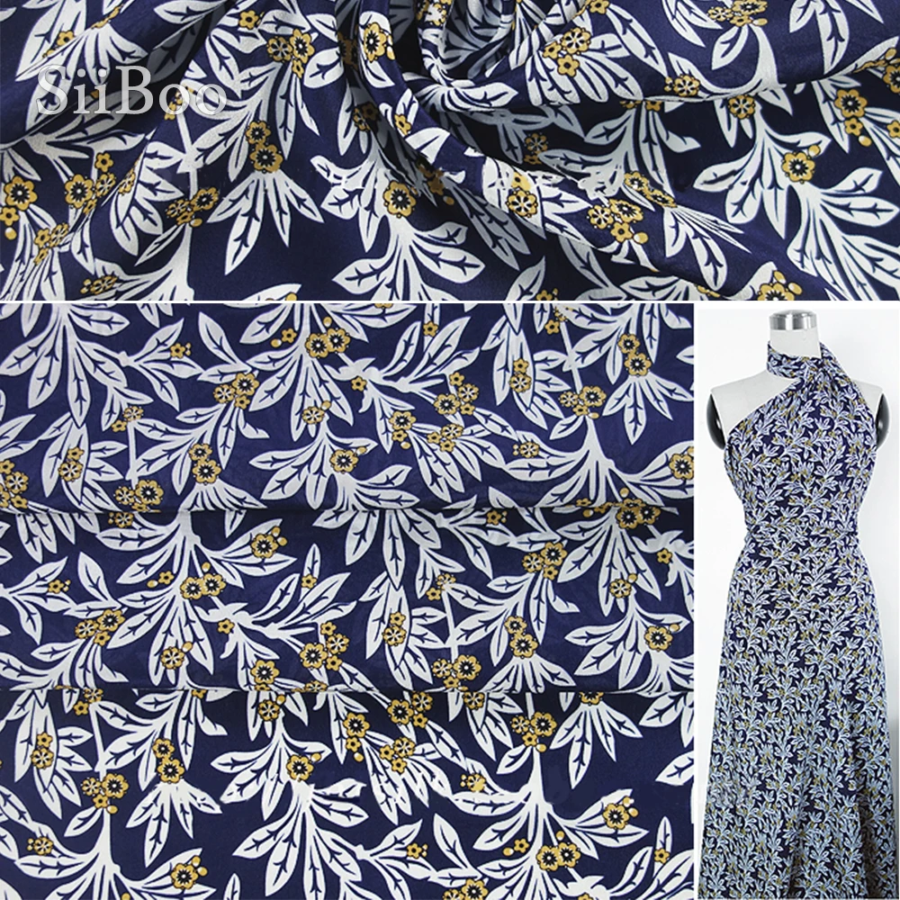 Итальянская винтажная темно-синяя шелковая ткань с цветочным принтом 12 мм