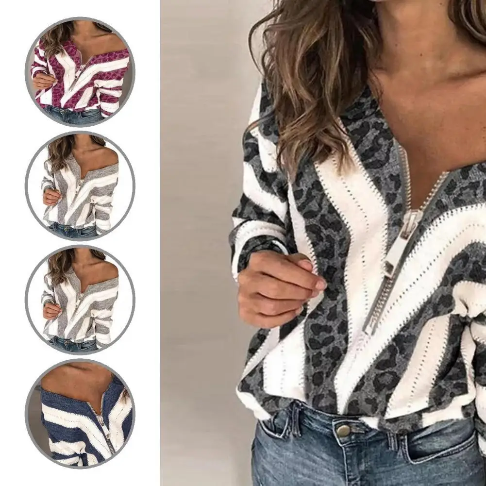 

Top Stylish Stripped Print Loose Fit Sweater Autumn Winter Knitted Pullover Stripped Print Ladies Clothing