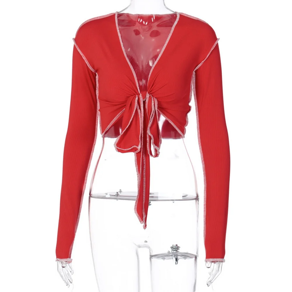 

DISEYAR Y2K V-Neck Long Sleeves Punk Casual Crop Top Women T-shirts 2021 Spring Autumn Bowknot Bandage Streetwear Outfits Cut