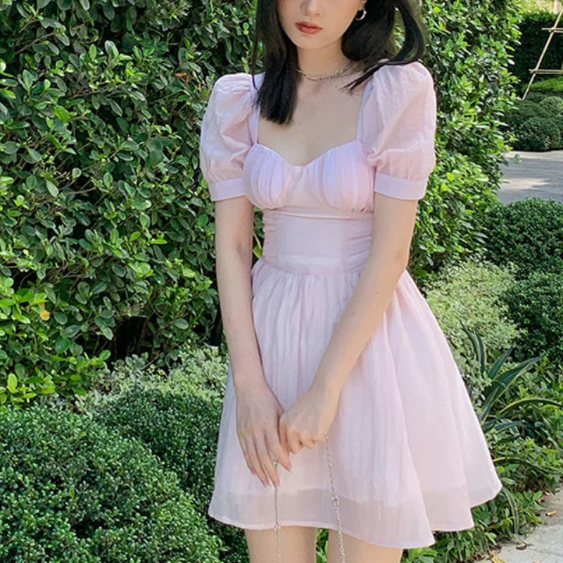 

Розовое милое летнее платье, женское праздничное элегантное мини-платье с пышными рукавами, корейское приталенное ТРАПЕЦИЕВИДНОЕ празднич...