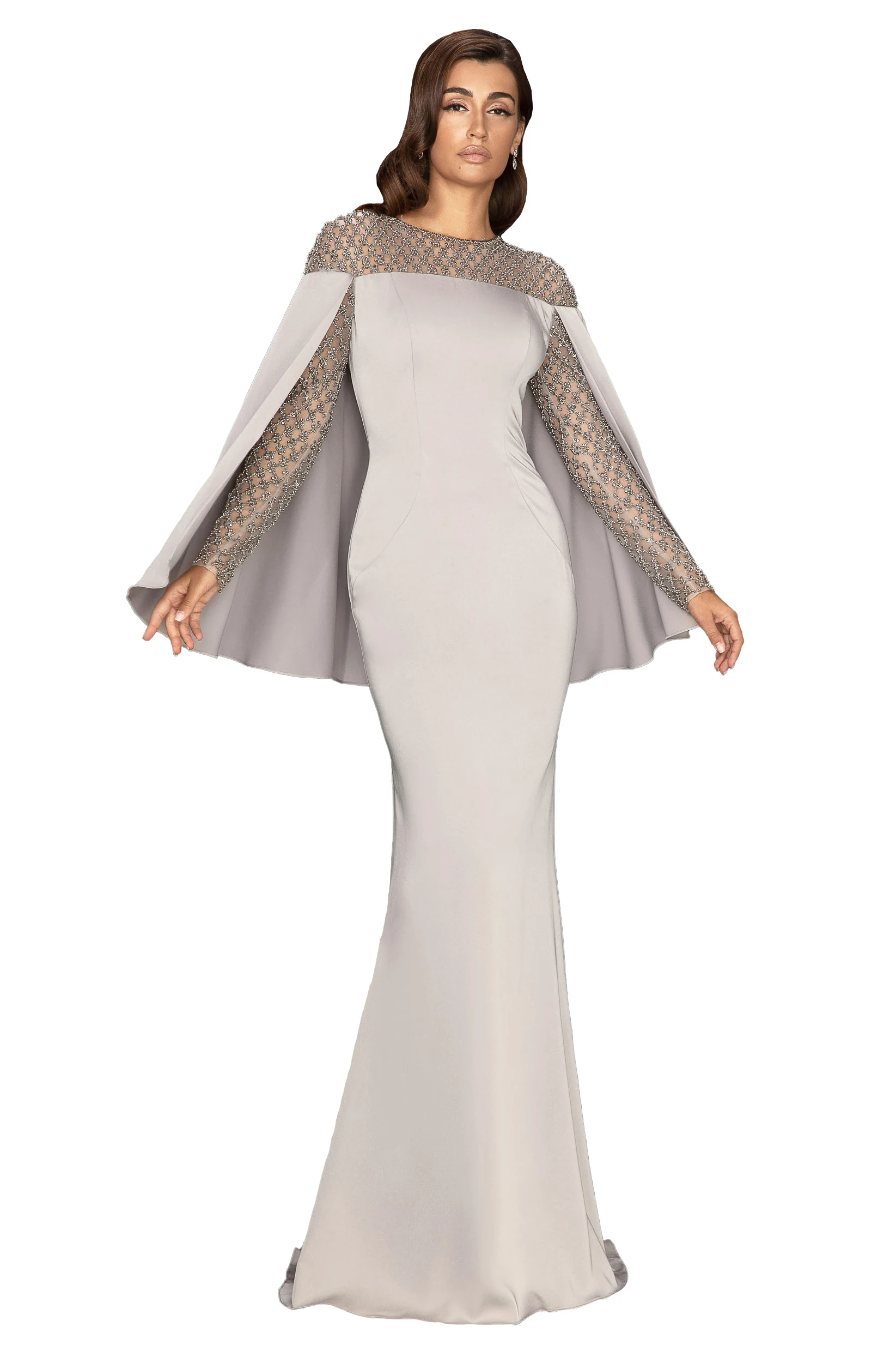 

Серебристые Длинные платья для матери потенции с круглым вырезом и длинными рукавами из джерси с кружевом для жениха для свадьбы