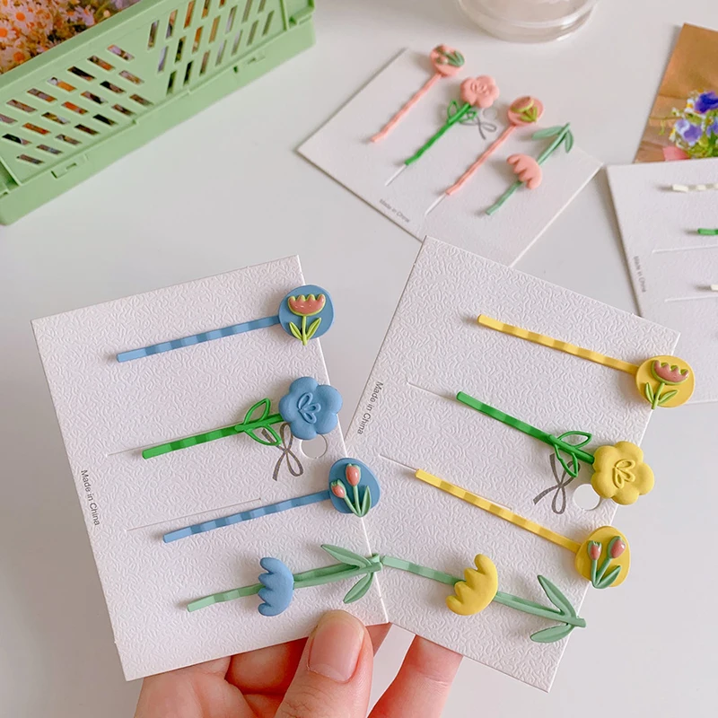 

Korean Style Sweet Flower Hairpins 4Pcs/Set Candy Color Tulip Flowers Metal Hairpins For Women Hair Styling Tools Hair Clips Hot
