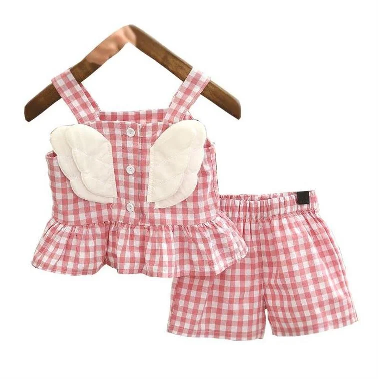 

Летний детский костюм в клетку одежда для маленьких девочек модные комплекты камзол шорты с крыльями костюмы из двух предметов детская оде...