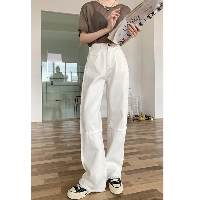 

White High-Waist Stitching Loose Wide-Leg Jeans Women's Autumn Cotton Distressed Fringe Straight-Leg Pants Full-Length Trousers