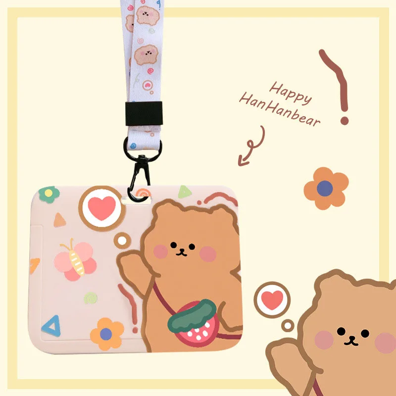 

New Fashion Cute Bears Slide Design Women Lanyard Credit Card ID Holder Bag Student Meal Card Entrance Card Cover Badge