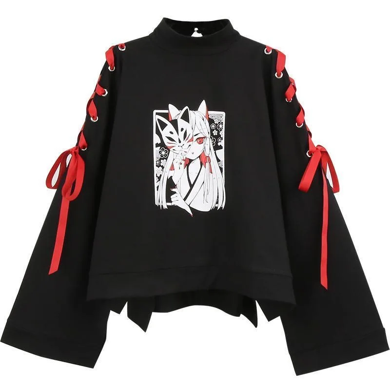 

Summer Women Clothing Anime Fox Printed Cross Ribbon Lolita Girls' T Shirt Harajuku Spring Black Top Skirt