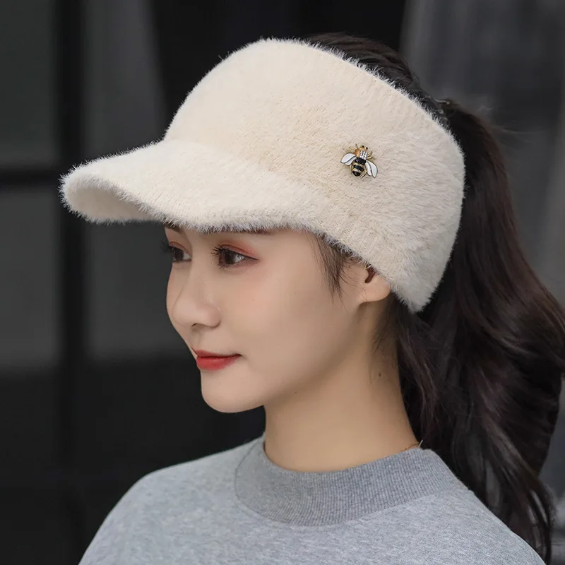 

Woman Girl Mink Hair Visor Cap Bee Knitted Autumn Winter Hat Solid Color Elastic Cycling Running Golf Empty Top Cap