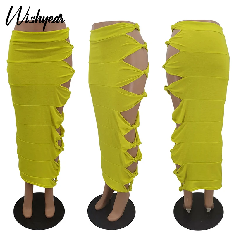 

Wishyear Sexy Hollow Out Tie Long Skirts Birthday Outfits for Women Summer Clothes Ladies High Waist Night Club Party Maxi Skirt