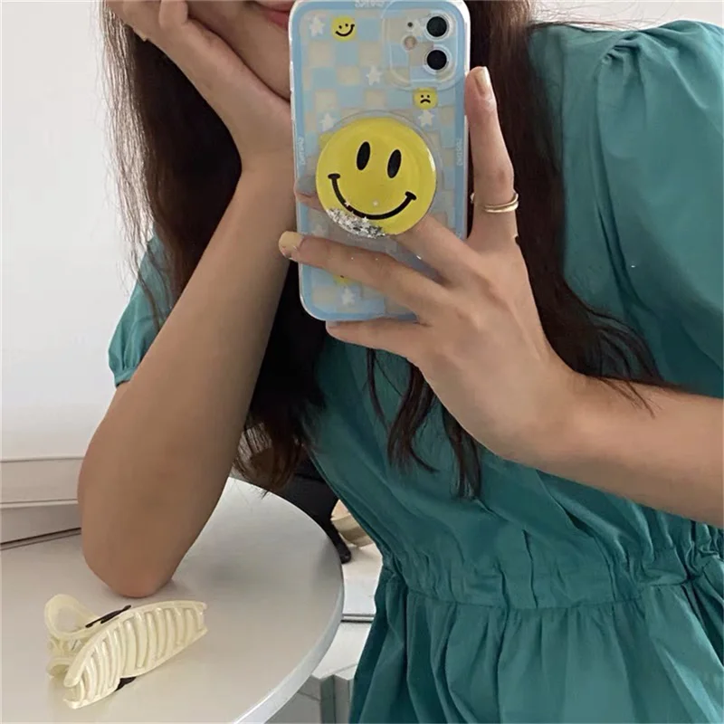 

Korean Blue Lattice Quicksand Bracket Phone Case For iPhone 11 12 Pro XS Max Mini X XR 7 8 Plus SE Soft Shockproof Back Cover