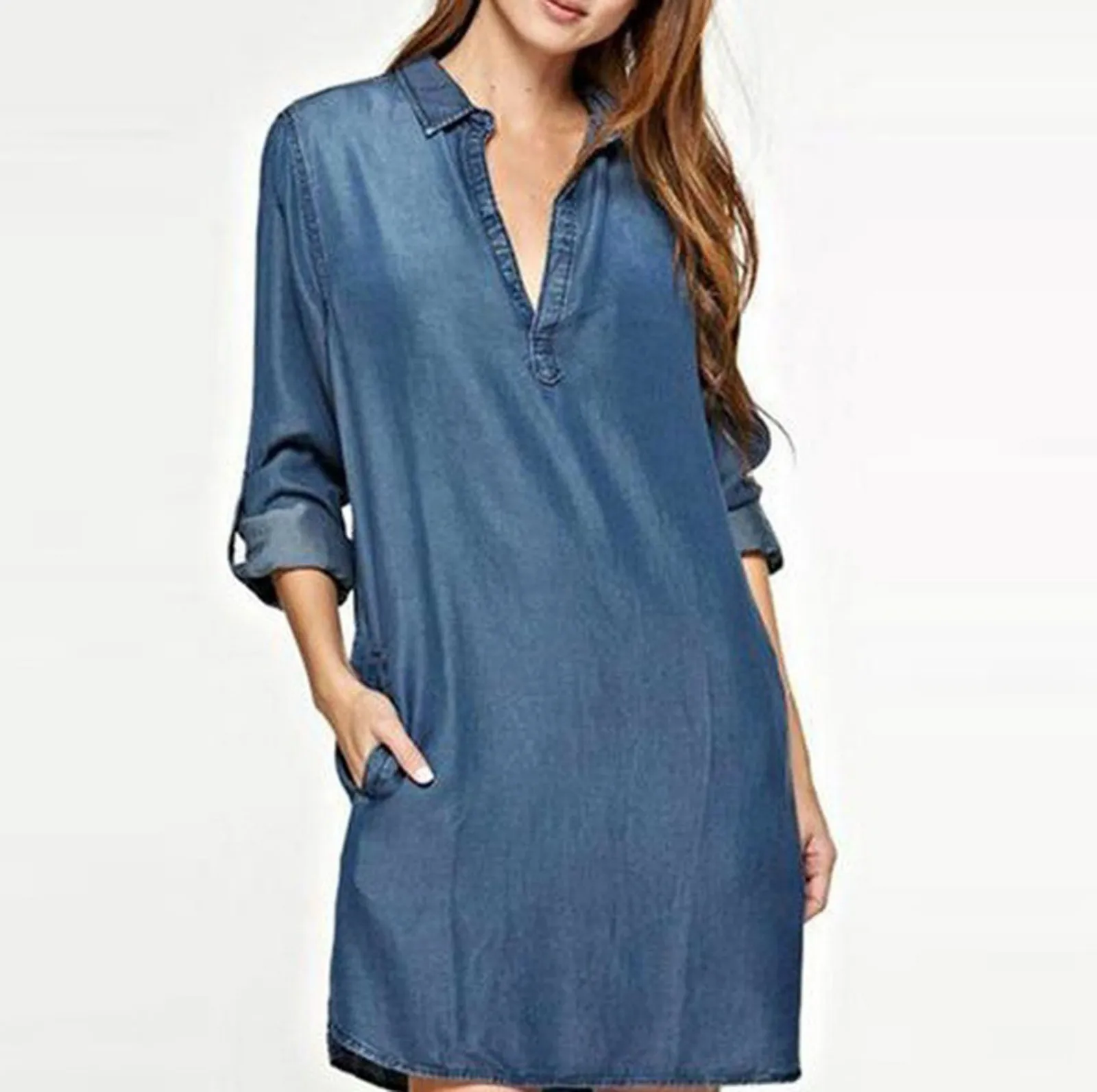 

40# Women Vintage Winter Dresses Denim Blue V-neck Washed Denim Shirt Dress With Lapel Sukienka Dresses For Women Autumn