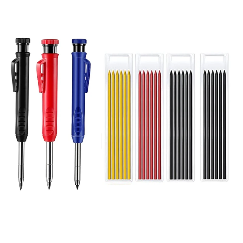

Solid Carpenter Pencil Set with Refill Leads Built-in Sharpener Mechanical Pencil Marker Woodworking Construction Tool