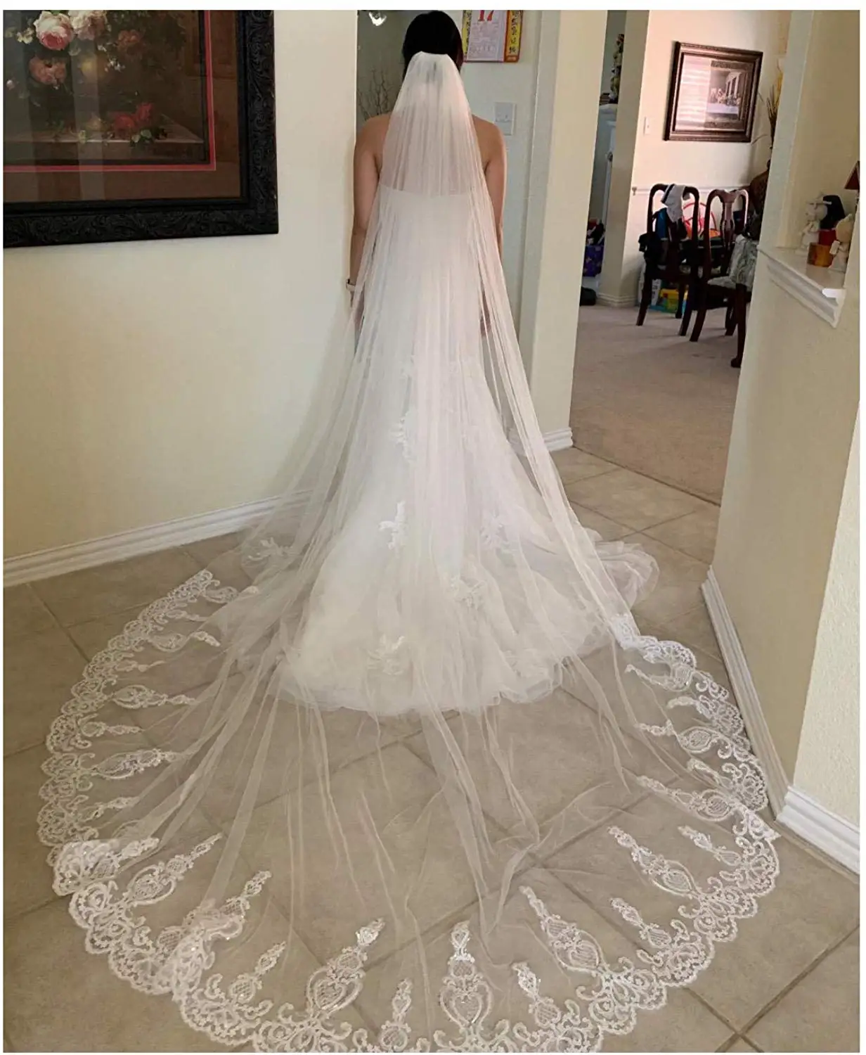 Цвет слоновой кости Женская Длинная Вуаль блестки кружева (300 см) Соборная Фата