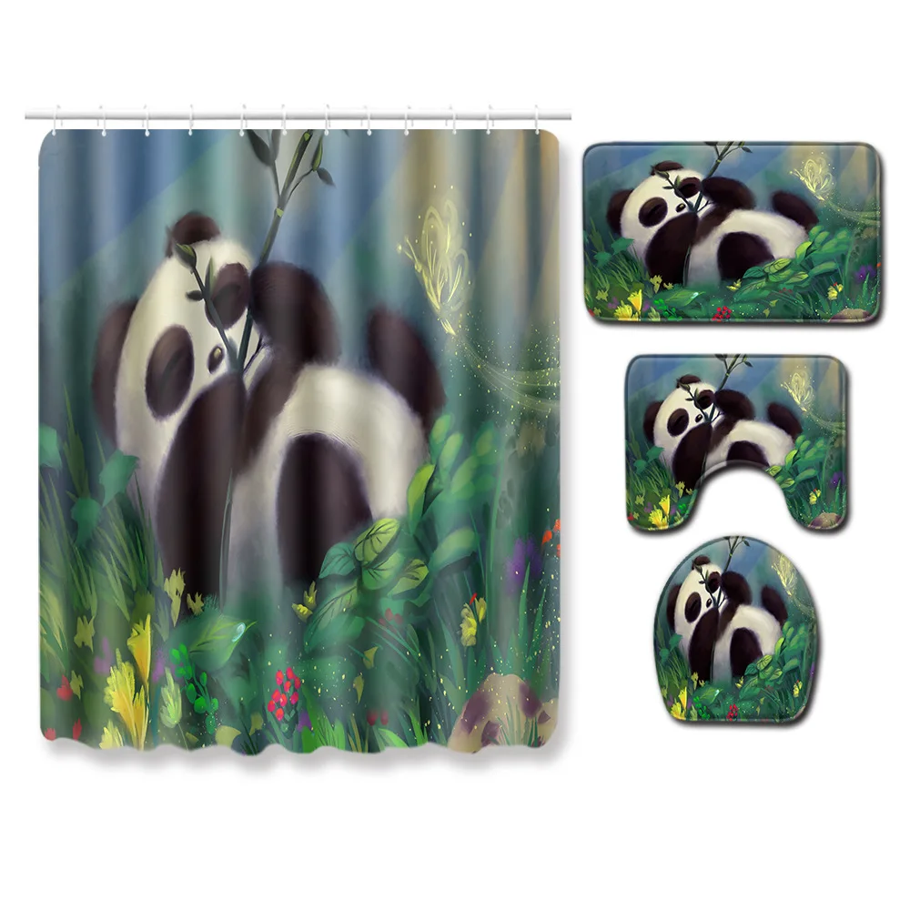 

4Pcs/Set Carpet Bathroom Foot Pad Panda flamingo Bath Mat and Shower Curtain Set PVC Toilet Toilet Seat Covers Home Decor