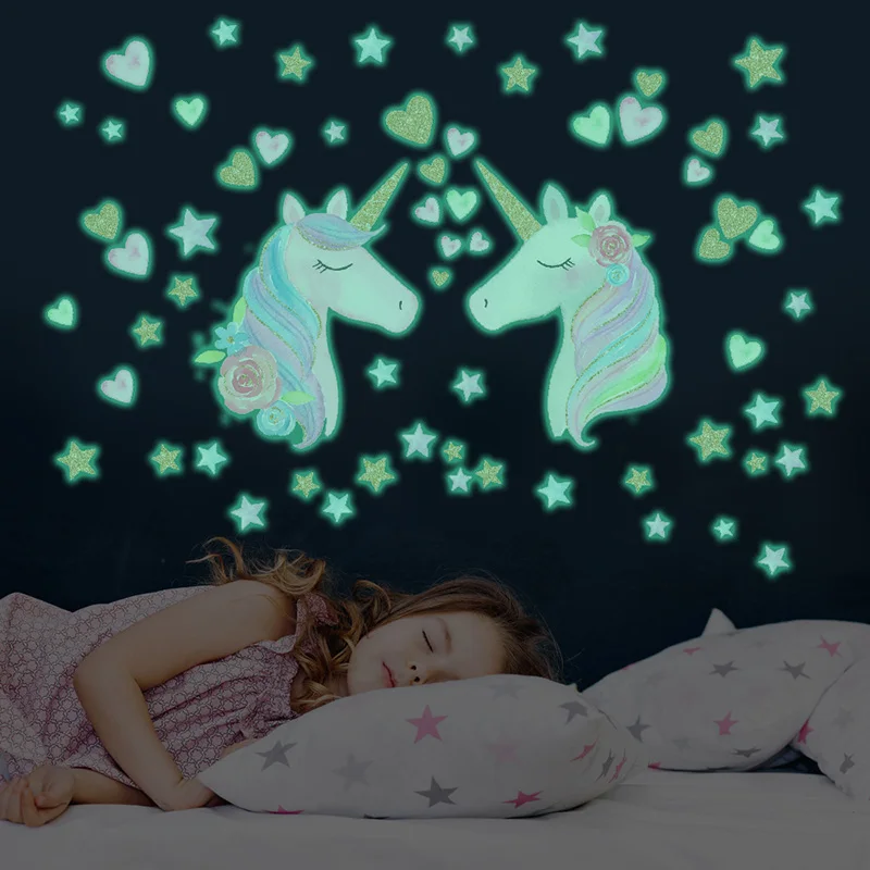 Единорог светящиеся цветные настенные наклейки в виде единорога светится