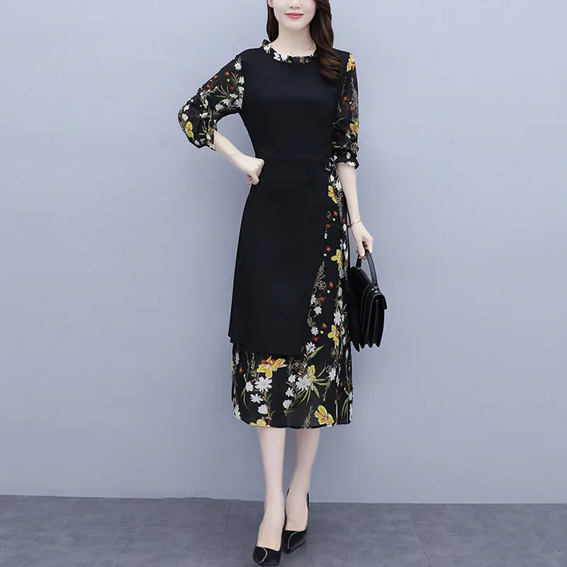 

Spring dress large-size long-sleeved chiffon stitched dress waist show thin temperament shredded flower dress in the long tide