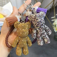 luxury crystal bear keychain lanyard full rhinestone leather strap animal keychains women bag charms men car key ring