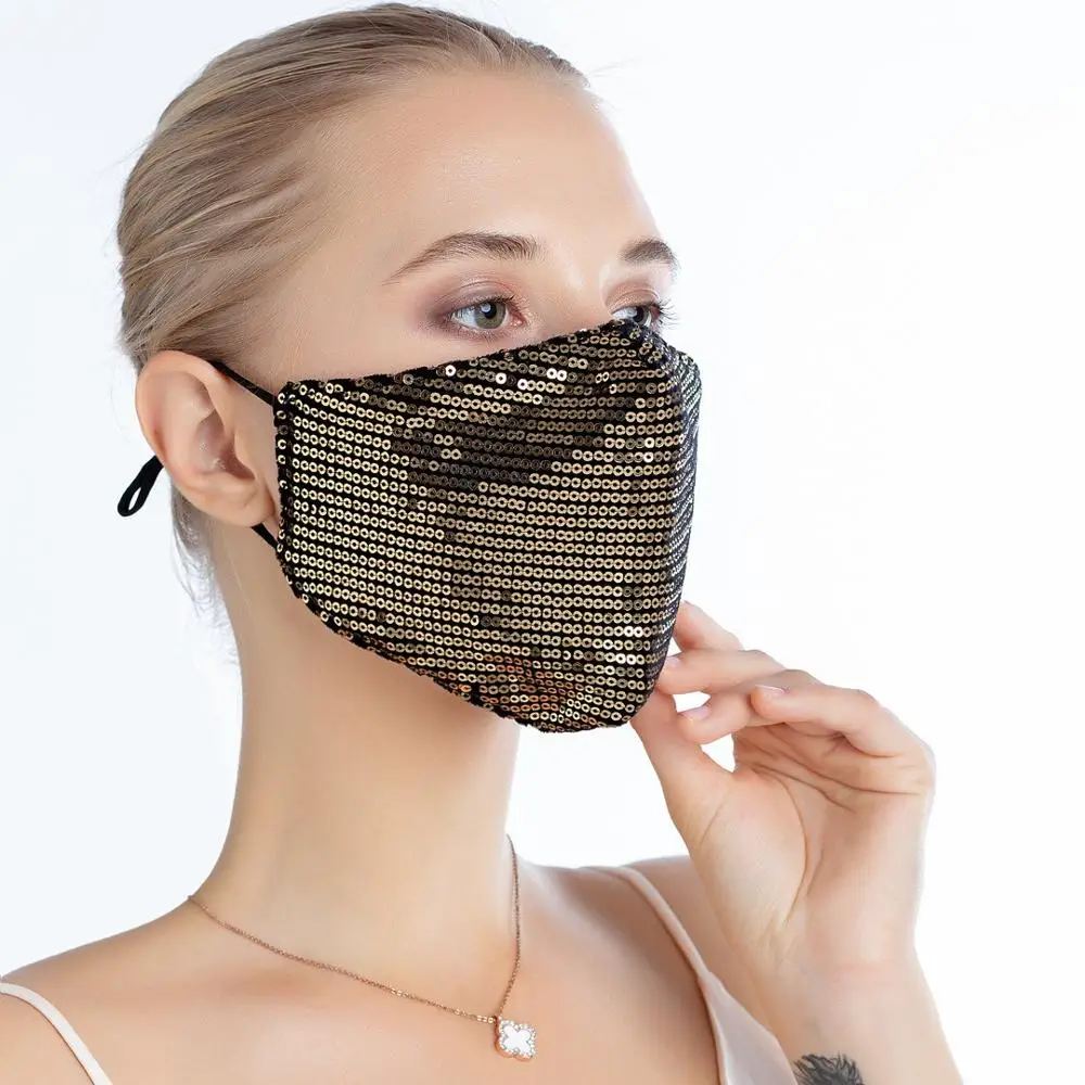 

Модная Женская Блестящая Маска для рта, маска для лица с блестками, дышащая Пылезащитная хлопковая маска, моющаяся Солнцезащитная черная ма...